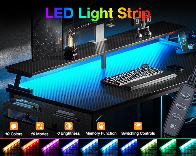 ODK 48 Inch Gaming Desk with USB Charging Ports and LED Lights, Reversible L Shaped Computer Desk with Storage Shelves & Monitor Stand, Corner Gamer Desk Table with Power Outlets, Carbon Fiber Black - LeafyLoom