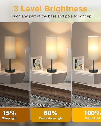 Grey Touch Table Lamps Set of 2-3 Way Dimmable Bedroom Lamps for Bedside with USB C and A Ports, Small Nightstand Lamps with AC Outlet, Desk Lamps with Black Base for Office Boys - LeafyLoom
