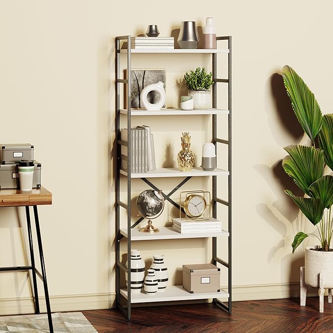 Shintenchi 5 Tiers Bookshelf, Classically Tall Bookcase Shelf, Industrial Book Rack, Modern Book Holder in Bedroom/Living Room/Home/Office, Storage Rack Shelves for Books/Movies,White - LeafyLoom