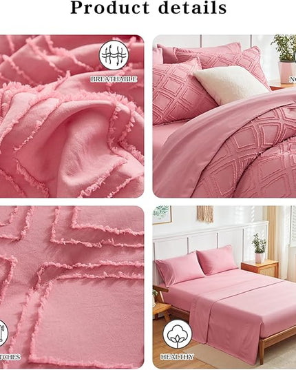 6 Pieces Tufted Bed in a Bag Twin Comforter Set with Sheets Pink, Soft and Embroidery Shabby Chic Boho Bohemian, Luxury Solid Color with Diamond Pattern, Jacquard Tufts Bedding Set for Kids Girls - LeafyLoom