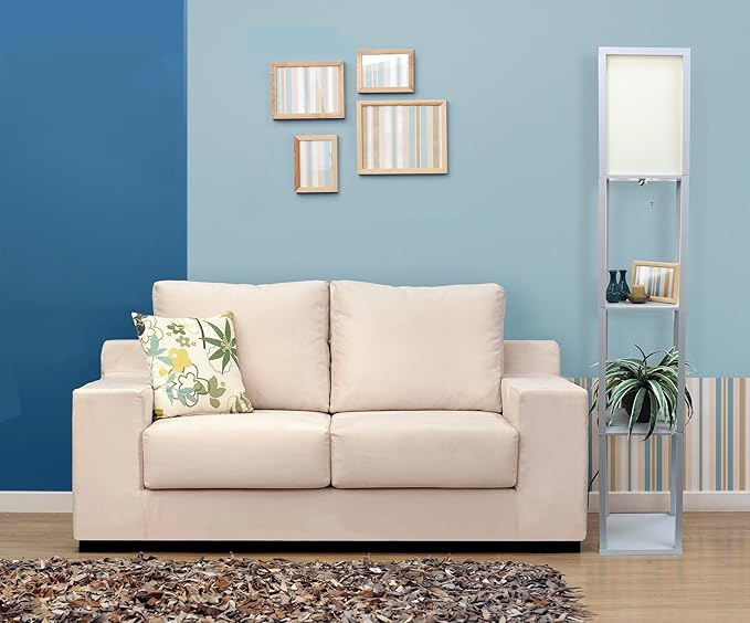 Simple Designs LF1014-GRY-LB Three Shelf Etagere Organizer Storage Floor Lamp with White Linen Shade for Living Room, Bedroom, Office, Hallway, Gray, with Feit LED Bulb Included - LeafyLoom