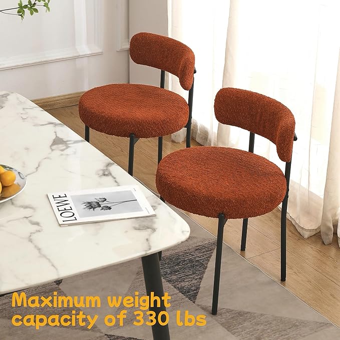 EDWELL Orange Dining Chairs Set of 2, Upholstered Kitchen Dining Room Chairs, Curved Backrest Boucle Dining Chair for Kitchen, Living Room, Mid-Century Modern Kitchen Chairs with Black Metal Legs - LeafyLoom
