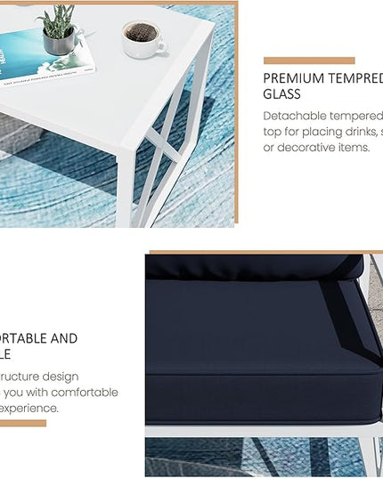 Shintenchi 5 Piece Outdoor Furniture Sets, White Metal Sofa Conversation Sets with Loveseat, Two Single Chairs and Two Coffee Tables for Backyard, Patio, Balcony, Poolside (Dark Blue) - LeafyLoom