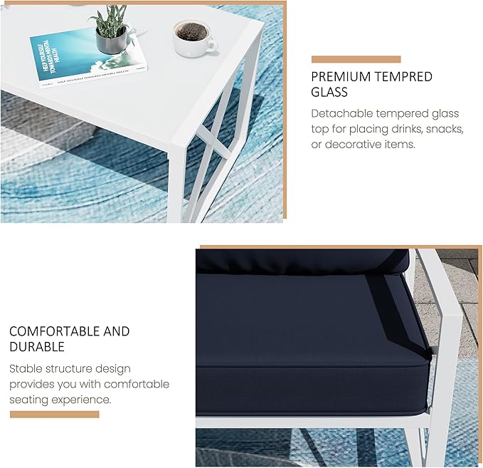 Shintenchi 3 Piece White Metal Outdoor Furniture Sectional Set, Modern Outdoor Metal Chair Conversation Furniture Set with Coffee Table for Patio,Backyard,Balcony (Dark Blue) - LeafyLoom