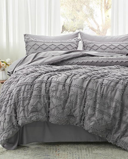 Anluoer King Comforter Set 7 Pieces, Grey Tufted Bed in a Bag with comforters and sheets, All Season Bedding Sets with 1 Comforter, 2 PillowShams, 2 Pillowcases, 1 Flat Sheet, 1 Fitted Sheet - LeafyLoom