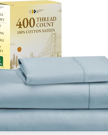 California Design Den Soft 100% Cotton Sheets, Twin XL Sheets Set, 3 Pieces, 400 Thread Count Sateen, Dorm Rooms & Adults, Deep Pocket Sheets, Cooling Sheets (Sky Blue) - LeafyLoom