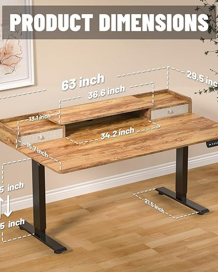 63×30 Inch Electric Standing Desk with 2 Drawers, Adjustable Height Widened Stand Up Desk with Storage Shelf, Sit to Stand Ergonomic Workstation for Home Office - LeafyLoom