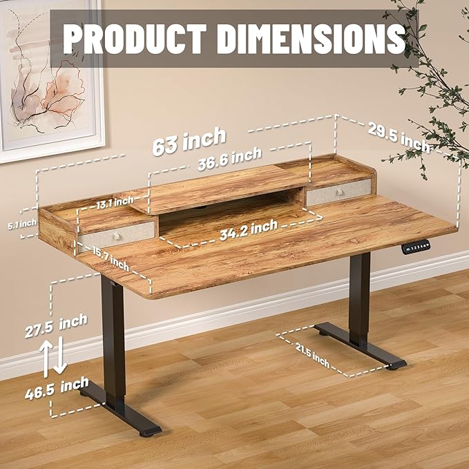 63×30 Inch Electric Standing Desk with 2 Drawers, Adjustable Height Widened Stand Up Desk with Storage Shelf, Sit to Stand Ergonomic Workstation for Home Office - LeafyLoom