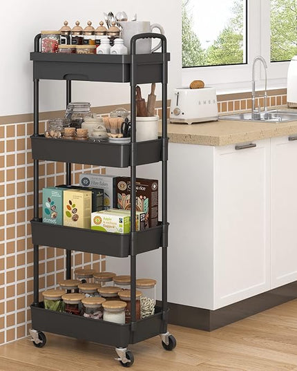 4-Tier Rolling Cart，Trolley with Drawer, Kitchen Storage Organizer with Plastic Shelf & Metal Wheels, Storage Cart for Living Room, Kitchen, Office, Bathroom, Black - LeafyLoom