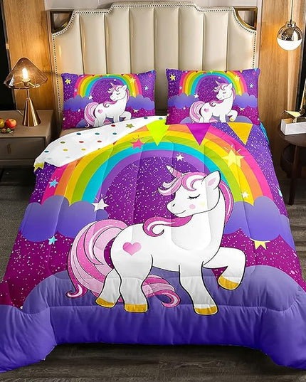 Girls Unicorn Comforter Set King Girls Bedding Set Cute Rainbow Unicorn Print Down Comforter Kids Cartoon Kawaii Duvet Set Galaxy Stars Fantasy Girls Room Decor Children Unicorn Reversible Purple - LeafyLoom