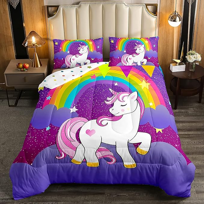 Girls Unicorn Comforter Set King Girls Bedding Set Cute Rainbow Unicorn Print Down Comforter Kids Cartoon Kawaii Duvet Set Galaxy Stars Fantasy Girls Room Decor Children Unicorn Reversible Purple - LeafyLoom