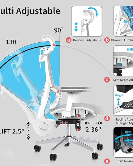 Ergonomic Office Chair with 3D Armrest, Big and Tall Computer Desk Chair with Adjustable Headrest, Seat Depth, Lumbar Support, Home Office Gaming Chair White - LeafyLoom