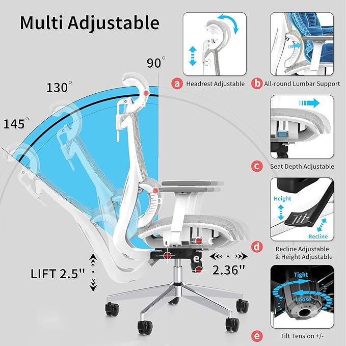 Ergonomic Office Chair with 3D Armrest, Big and Tall Computer Desk Chair with Adjustable Headrest, Seat Depth, Lumbar Support, Home Office Gaming Chair White - LeafyLoom
