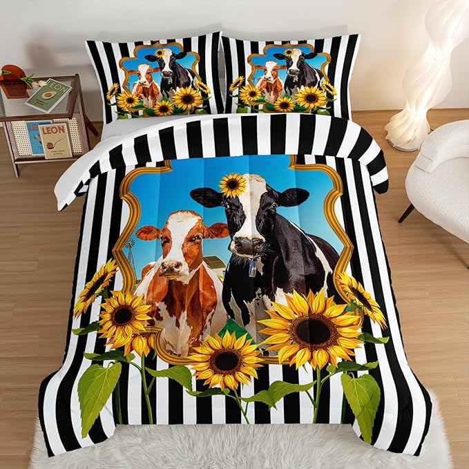 HOSIMA Animal Theme Bedding Set Bull and Cow Comforter with 2 Pillowcases,Black and White Stripes King Size Comforter Set for Adults Teens Kids,Sunflower Print Western Bedding Sets. - LeafyLoom