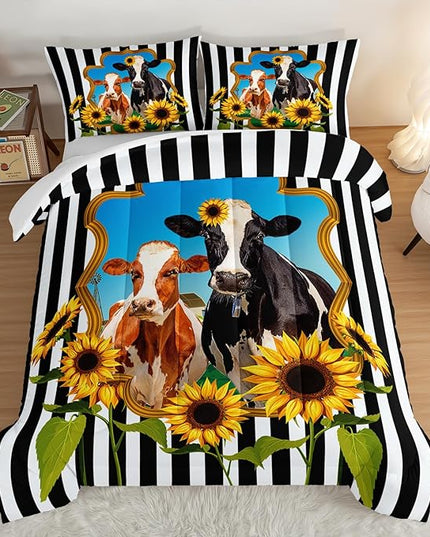 HOSIMA Animal Theme Bedding Set Bull and Cow Comforter with 2 Pillowcases,Black and White Stripes Full Size Comforter Set for Adults Teens Kids,Sunflower Print Western Bedding Sets. - LeafyLoom