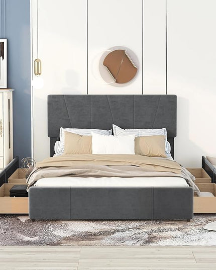 Queen Size Upholstered Platform Bed Frame with 4 Storage Drawers and Adjustable Headboard, Wooden Slats Support, No Box Spring Needed, Gray - LeafyLoom