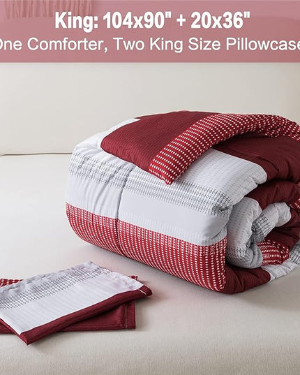 Litanika Red Comforter Set King, 3 Pieces Boy Men Women Girls Christmas Comforter Bedding Set, Burgundy White Colorblock Stripe for Winter (104x90In Comforter & 2 Pillowcases) - LeafyLoom
