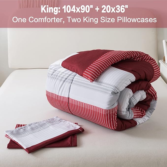 Litanika Red Comforter Set King, 3 Pieces Boy Men Women Girls Christmas Comforter Bedding Set, Burgundy White Colorblock Stripe for Winter (104x90In Comforter & 2 Pillowcases) - LeafyLoom