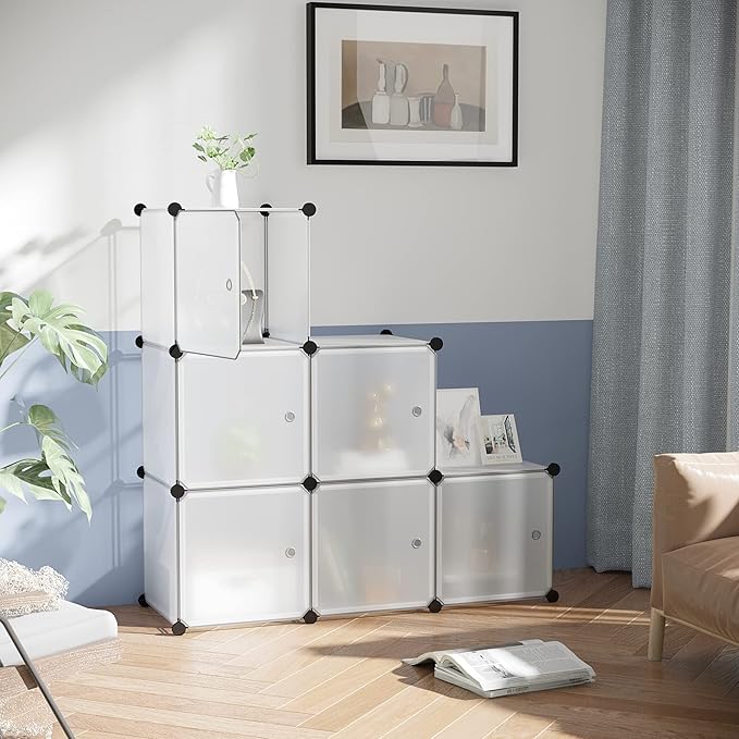 C&AHOME Cube Storage Organizer with Doors, 6-Cube Shelves, Closet Cabinet, DIY Plastic Modular Bookshelf Ideal for Bedroom, Living Room, 36.6”L x 12.4”W x 36.6”H White USBTM3006B-DOOR - LeafyLoom