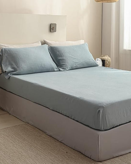 Simple&Opulence 100% Linen Sheet Set Solid Color-4 Pcs Washed French Linen Bed Sheets(1 Flat Sheet,1 Fitted Sheet,2 Pillowcases)-Breathable Bedding Set(California King, Dusty Blue) - LeafyLoom