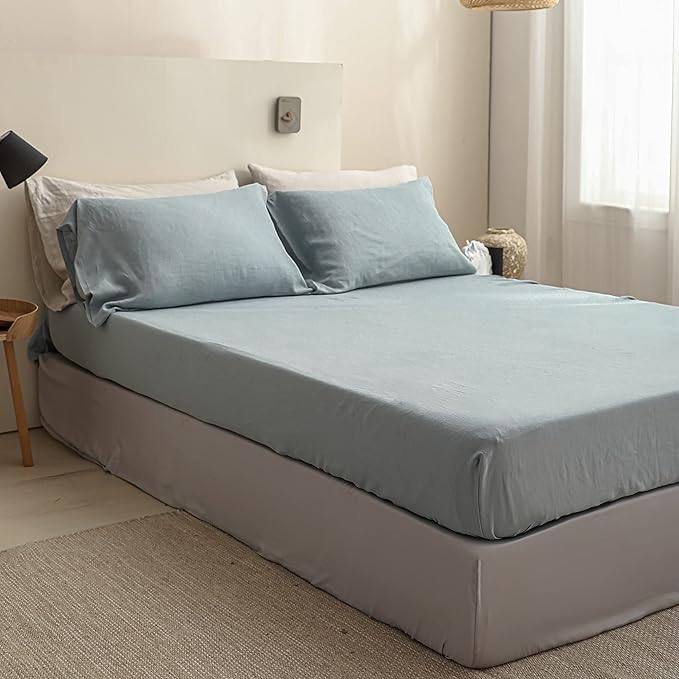 Simple&Opulence 100% Linen Sheet Set Solid Color-4 Pcs Washed French Linen Bed Sheets(1 Flat Sheet,1 Fitted Sheet,2 Pillowcases)-Breathable Bedding Set(California King, Dusty Blue) - LeafyLoom