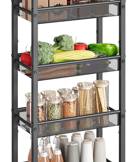 VASAGLE Slim Rolling Cart, 5-Tier Storage Cart, Narrow Cart with Handle, 8.7 Inches Deep, Metal Frame, for Kitchen, Dining Room, Living Room, Home Office, Rustic Brown and Black ULRC035B01 - LeafyLoom