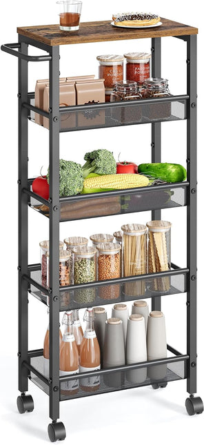 VASAGLE Slim Rolling Cart, 5-Tier Storage Cart, Narrow Cart with Handle, 8.7 Inches Deep, Metal Frame, for Kitchen, Dining Room, Living Room, Home Office, Rustic Brown and Black ULRC035B01 - LeafyLoom