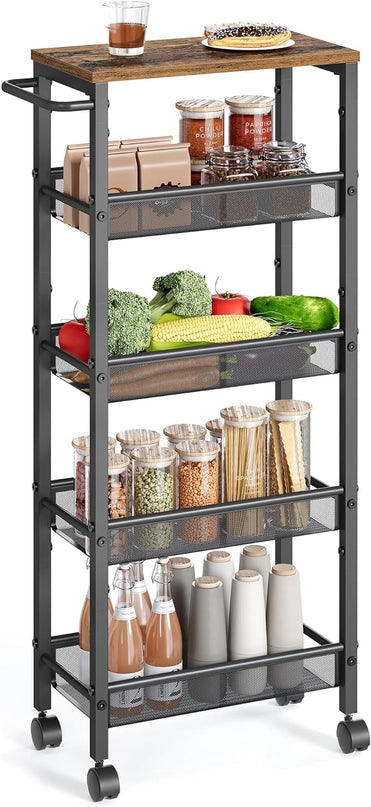 VASAGLE Slim Rolling Cart, 5-Tier Storage Cart, Narrow Cart with Handle, 8.7 Inches Deep, Metal Frame, for Kitchen, Dining Room, Living Room, Home Office, Rustic Brown and Black ULRC035B01 - LeafyLoom