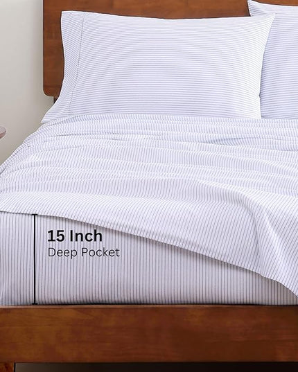 LANE LINEN 100% Organic Cotton Sheet Sets Queen Size, 4Pc Queen Size Cotton Sheets, Hotel Style Sheets, Bedding Sheets & Pillowcases, Queen Sheet Sets Deep Pockets Fits upto 15" - Blue Ticking Stripe - LeafyLoom