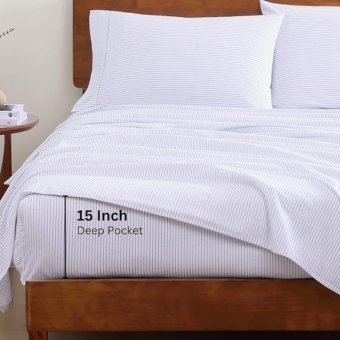LANE LINEN 100% Organic Cotton Sheet Sets Queen Size, 4Pc Queen Size Cotton Sheets, Hotel Style Sheets, Bedding Sheets & Pillowcases, Queen Sheet Sets Deep Pockets Fits upto 15" - Blue Ticking Stripe - LeafyLoom