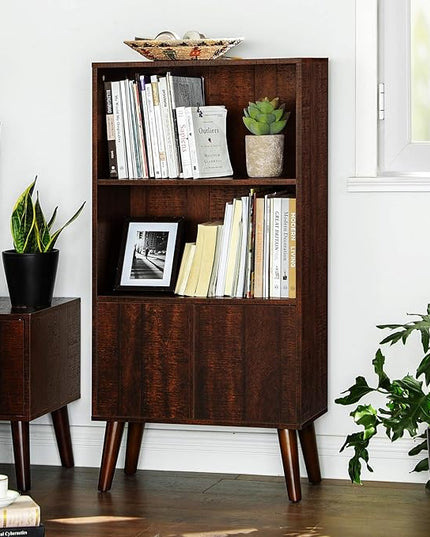 VASAGLE Bookcase, 2-Tier Retro Bookshelf with Doors, Storage Cabinet for Books, Photos, Decorations in Living Room, Office, Study, Mid-Century Style, Walnut Color ULBC09BY - LeafyLoom