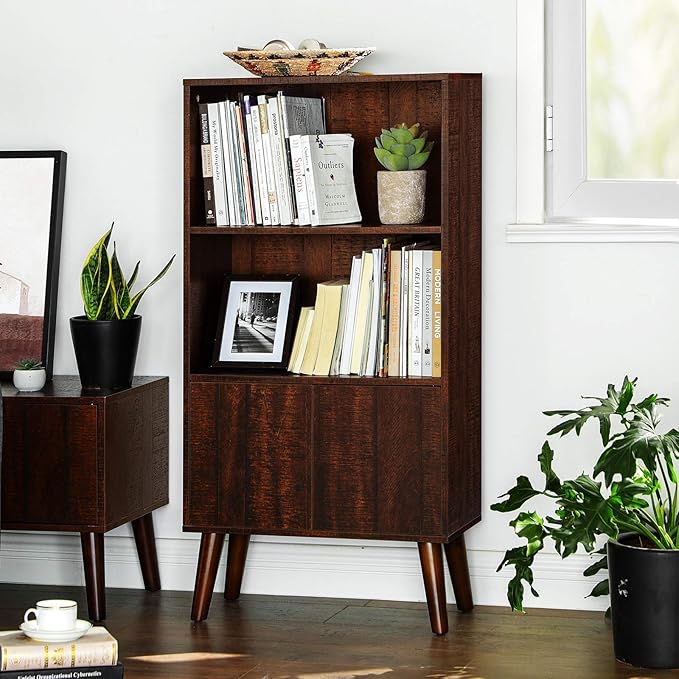 VASAGLE Bookcase, 2-Tier Retro Bookshelf with Doors, Storage Cabinet for Books, Photos, Decorations in Living Room, Office, Study, Mid-Century Style, Walnut Color ULBC09BY - LeafyLoom