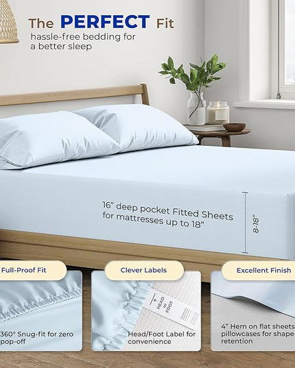 THREAD SPREAD 100% Egyptian Cotton Sheets Full Size - 600 Thread Count Sheets 4 PC 16" Deep Pocket Full Size Sheets Set, High Thread Count Soft Cooling Sateen Hotel Luxury Sheets Set - Light Blue - LeafyLoom