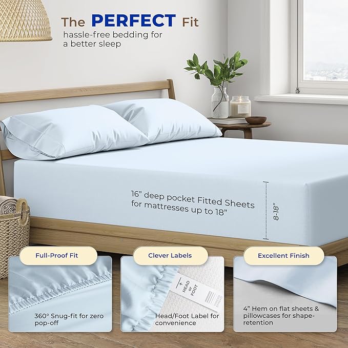 THREAD SPREAD 100% Egyptian Cotton Sheets Full Size - 600 Thread Count Sheets 4 PC 16" Deep Pocket Full Size Sheets Set, High Thread Count Soft Cooling Sateen Hotel Luxury Sheets Set - Light Blue - LeafyLoom