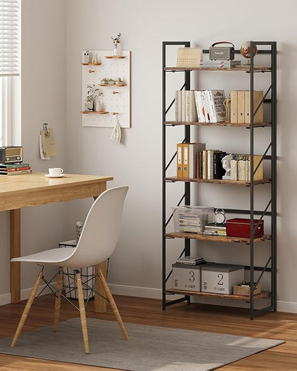 JSB No Assembly Folding Bookshelf, 5 Tier Industrial Metal Book Shelf for Storage, Vintage Wood foldable Bookcase for Living Room, Bedroom, Office Organization Shelves - LeafyLoom