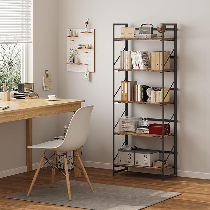 JSB No Assembly Folding Bookshelf, 5 Tier Industrial Metal Book Shelf for Storage, Vintage Wood foldable Bookcase for Living Room, Bedroom, Office Organization Shelves - LeafyLoom