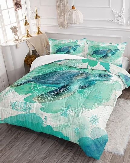 CVHOUSE Sea Turtle Bedding Set,Sea Turtle Comforter Queen,Ocean Bohemia Comforter Set for Boys Kids Girls,Ocean Quilt Set with 1 Comforter and 2 Pillow Cases - LeafyLoom