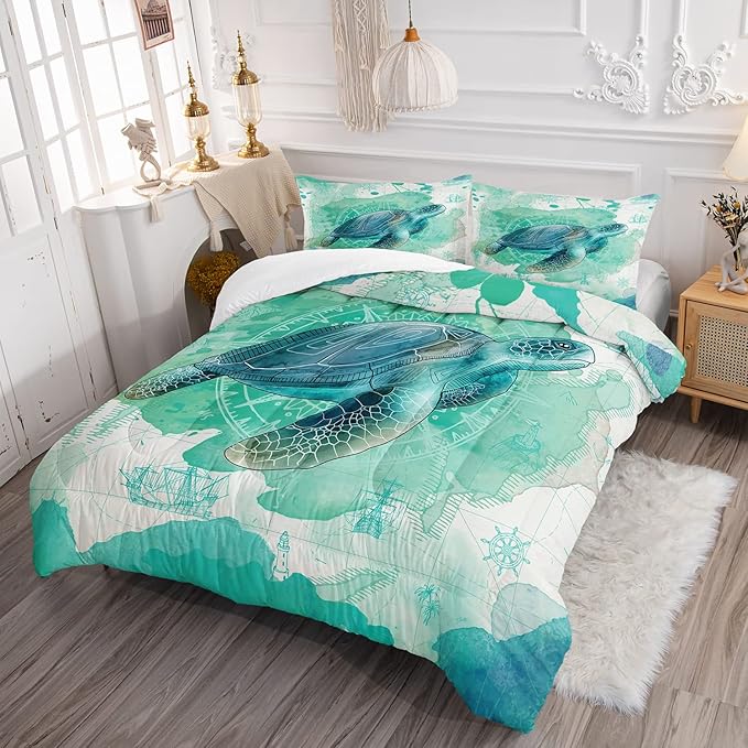CVHOUSE Sea Turtle Bedding Set,Sea Turtle Comforter Full,Ocean Bohemia Comforter Set for Boys Kids Girls,Ocean Quilt Set with 1 Comforter and 2 Pillow Cases - LeafyLoom