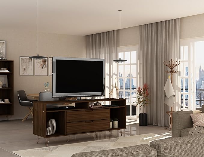 Manhattan Comfort Rockefeller Modern 2 Drawers Living Room Television Stand with Metal Legs, 62.99", Brown - LeafyLoom