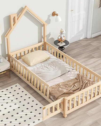 Twin Size Kids Montessori Floor Bed,House-Shaped Headboard Floor Bed for Kids,Floor Bed with Fence and Door,House Bed Twin Frame for Girls,Boys(Twin,Natural) - LeafyLoom