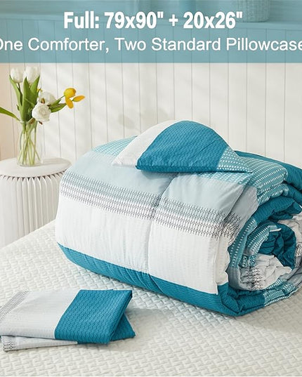 Litanika Full Comforter Set White Teal - 3 Pieces Lightweight Fluffy Bedding Comforter Sets, All Season Down Alternative Comforter (1 Comforter, 2 Pillowcases) - LeafyLoom