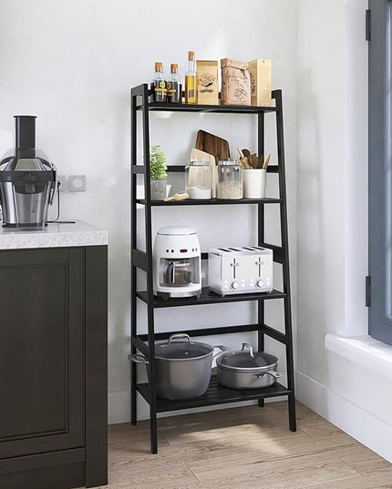 Black Bookshelf, 4-Tier Ladder Shelf, Freestanding Leaning Bookcase with Bamboo Shelves, Space Saving Flower Plant Stand for Small Space - LeafyLoom