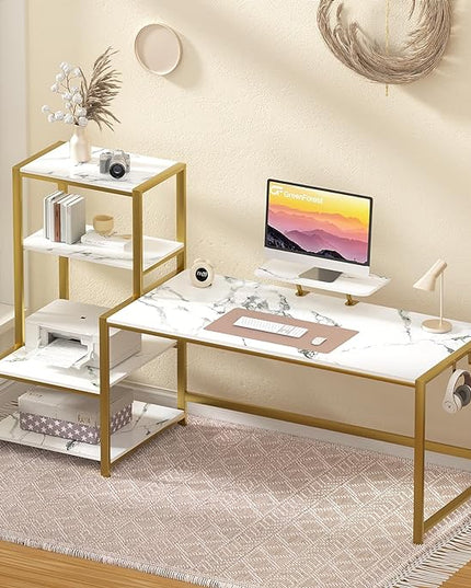 GreenForest Computer Desk with Storage Printer Shelf, 58 inch Home Office Vanity Desk with Movable Monitor Stand and 2 Headphone Hook for PC Makeup Writing Study, White and Golden - LeafyLoom