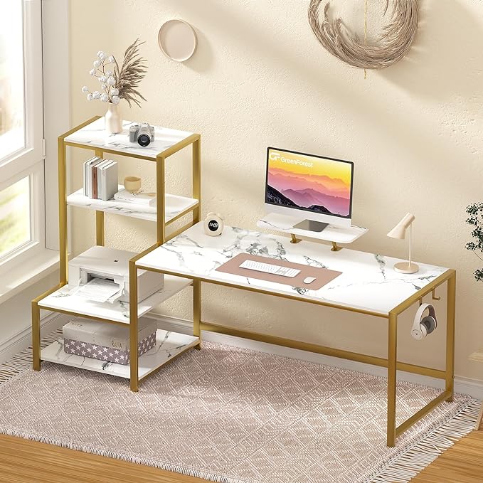 GreenForest Computer Desk with Storage Printer Shelf, 58 inch Home Office Vanity Desk with Movable Monitor Stand and 2 Headphone Hook for PC Makeup Writing Study, White and Golden - LeafyLoom