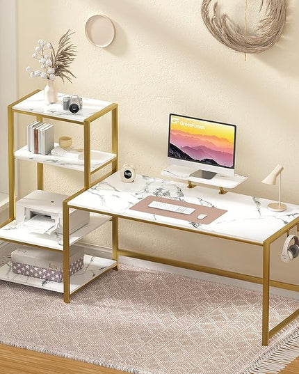 GreenForest Computer Desk with Storage Printer Shelf, 67 inch Home Office Vanity Desk with Movable Monitor Stand and 2 Headphone Hook for PC Makeup Writing Study, White and Golden - LeafyLoom