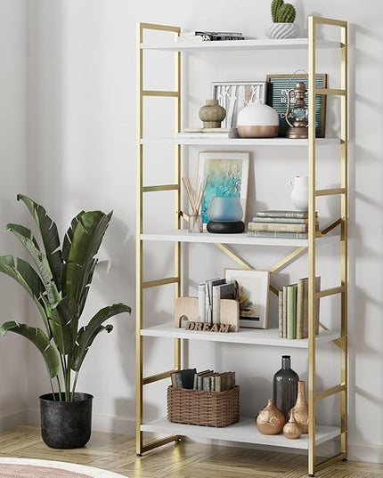 Shintenchi 5 Tiers Bookshelf, Classically Tall Bookcase Shelf,Industrial Book Rack,Modern Book Holder in Bedroom/Living Room/Home/Office, Storage Rack Shelves for Books/Movies,Gold - LeafyLoom