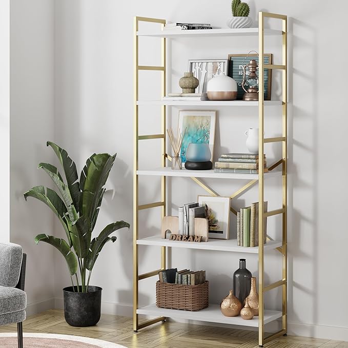 Shintenchi 5 Tiers Bookshelf, Classically Tall Bookcase Shelf,Industrial Book Rack,Modern Book Holder in Bedroom/Living Room/Home/Office, Storage Rack Shelves for Books/Movies,Gold - LeafyLoom