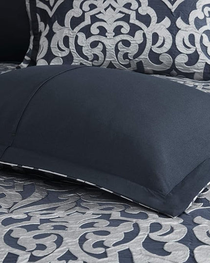 Madison Park Odette Cozy Comforter Set Jacquard Damask Medallion Design - Modern All Season, Down Alternative Bedding, Shams, Decorative Pillows, King(104 in x 92 in), Navy 8 Piece - LeafyLoom