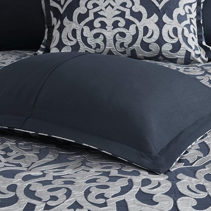 Madison Park Odette Cozy Comforter Set Jacquard Damask Medallion Design - Modern All Season, Down Alternative Bedding, Shams, Decorative Pillows, Cal King(104 in x 92 in), Navy 8 Piece - LeafyLoom