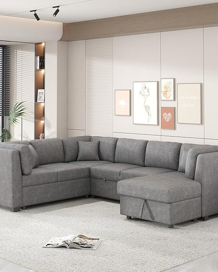 U Shaped Reversible Pull Out Sleeper Sectional Sofa Convertible Corner Couch Bed with Storage Chaise Lounge , 6 Seater Chenille Upholstered Sofa&Couch wth USB Ports, 2 Power Sockets for Living Room - LeafyLoom